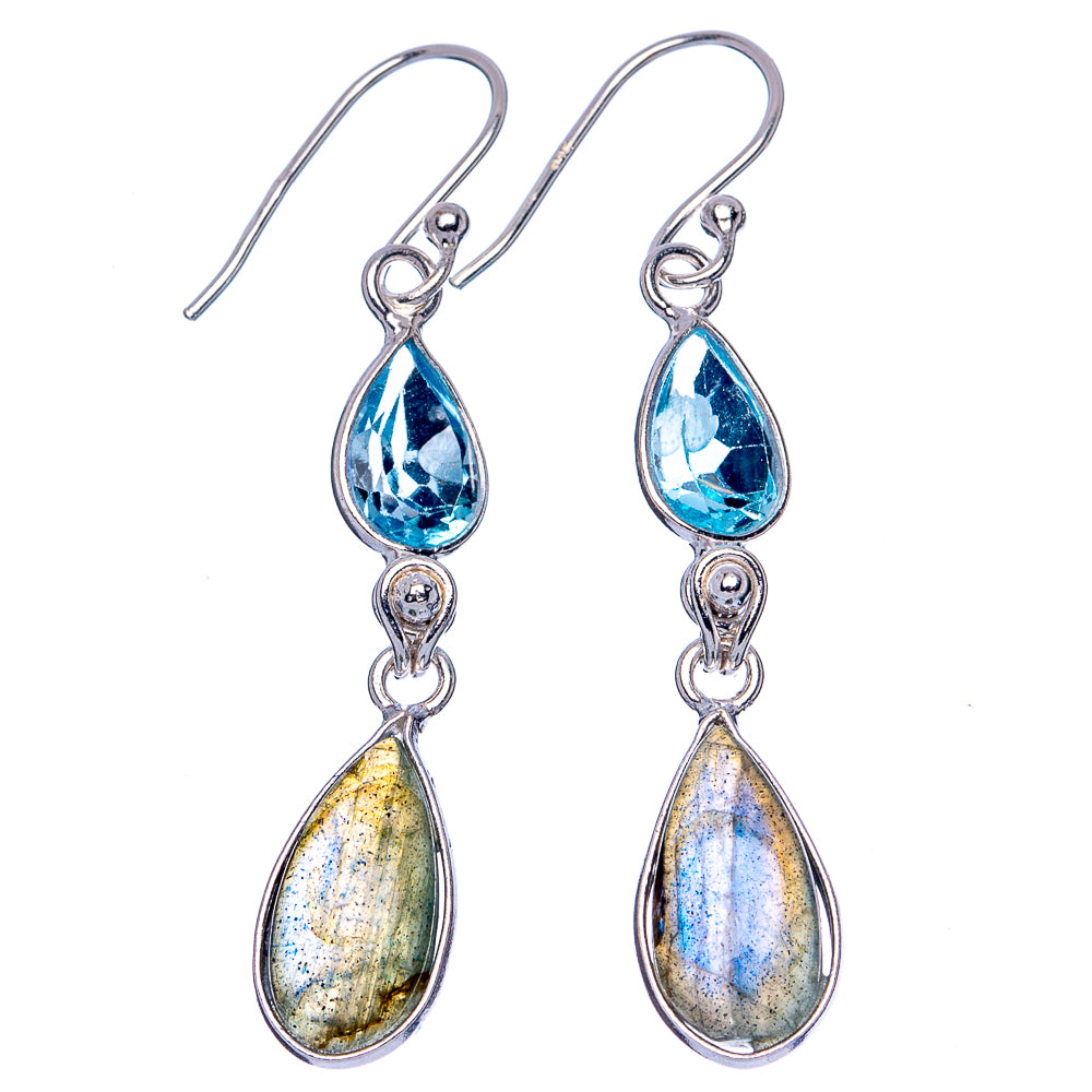 Labradorite, Blue Topaz Earrings 1 7/8" (.925 Sterling Silver)