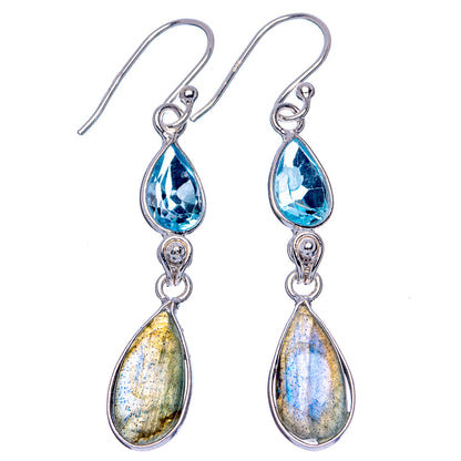 Labradorite, Blue Topaz Earrings 1 7/8" (.925 Sterling Silver)