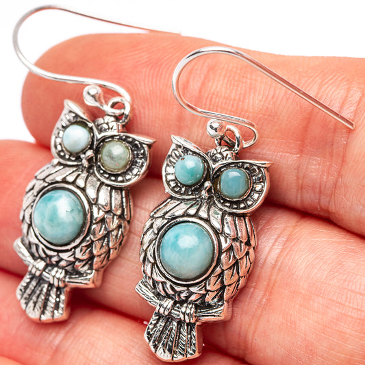 Dainty Larimar Owl Earrings 1 1/2" (.925 Sterling Silver)