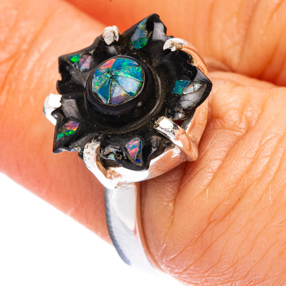 Rare Opal Black Onyx Flower Ring Size 7 (925 Sterling Silver) R2357