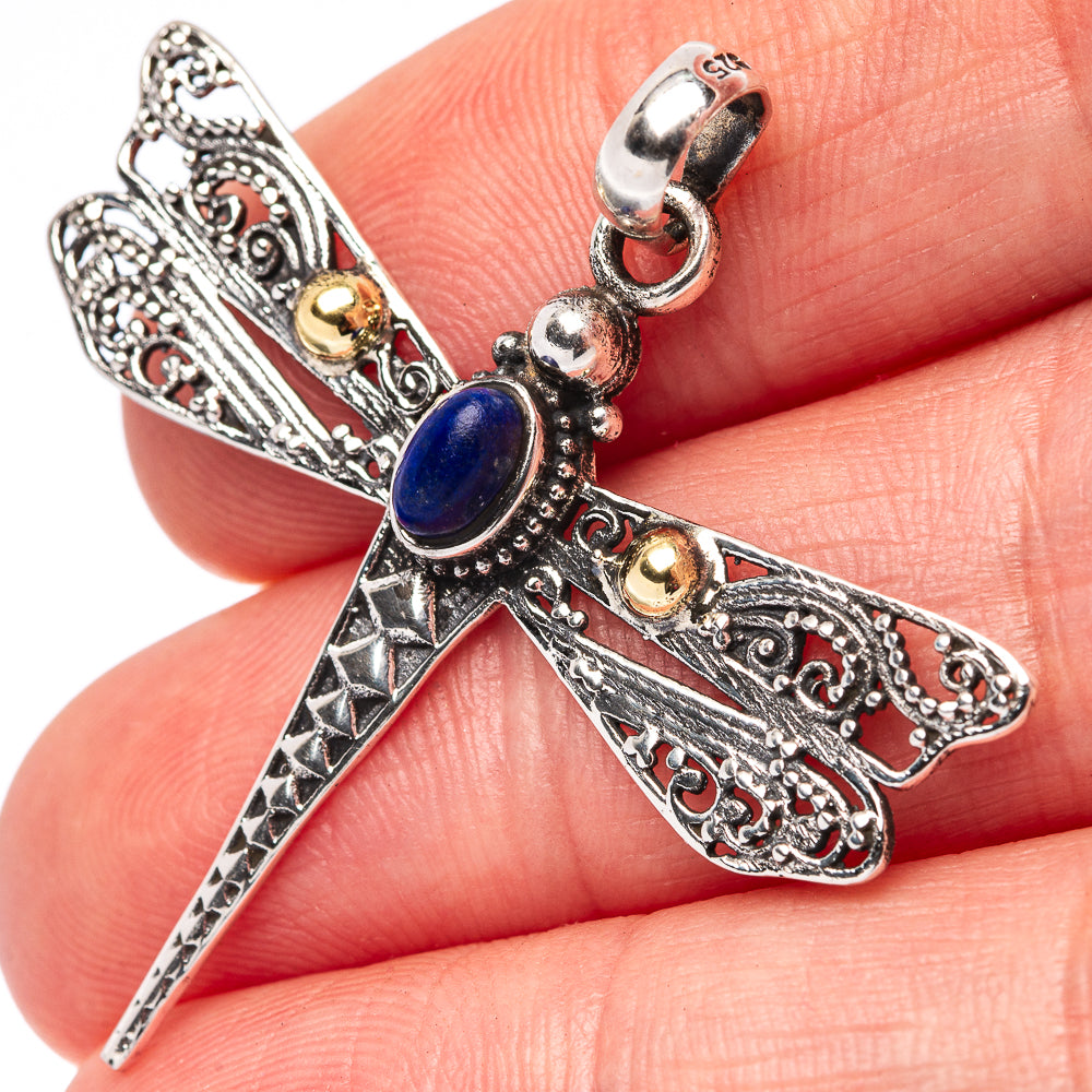 Dainty Lapis Lazuli Dragonfly Pendant 1 5/8" (.925 Sterling Silver)