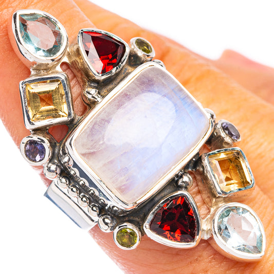 Signature Rainbow Moonstone, Garnet, Citrine, Blue Topaz, Tanzanite, Peridot Ring Size 7.75 (925 Sterling Silver) R8136