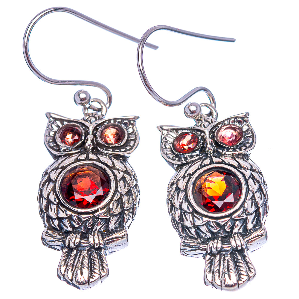 Dainty Garnet Owl Earrings 1 1/2" (.925 Sterling Silver)