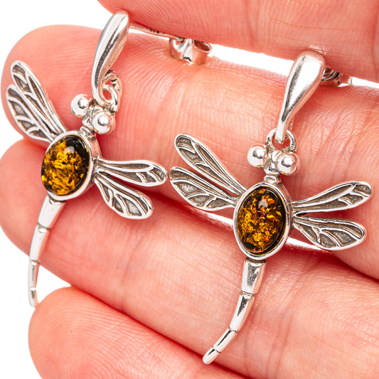 Baltic Amber Dragonfly Earrings 1 3/8" (.925 Sterling Silver)