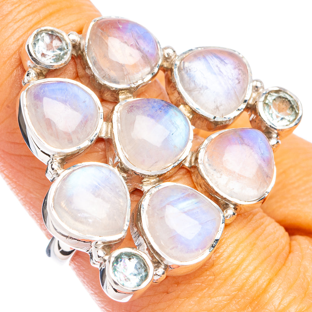 Signature Rainbow Moonstone, Blue Topaz Ring Size 8 (925 Sterling Silver) R8120