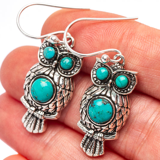 Dainty Turquoise Owl Earrings 1 1/2" (.925 Sterling Silver)