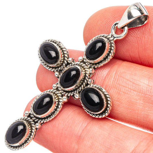 Black Onyx Cross Pendant 2" (925 Sterling Silver) P43146