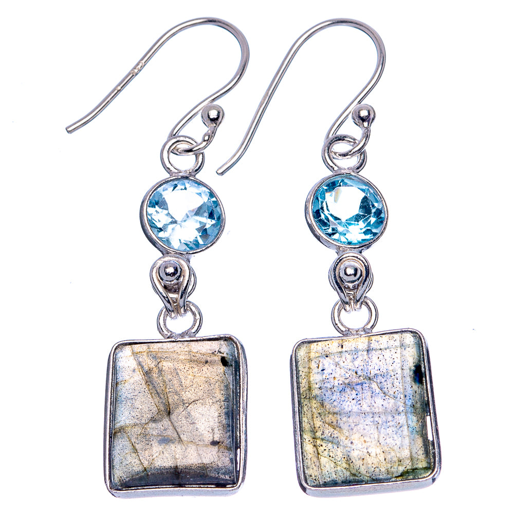 Labradorite, Blue Topaz Earrings 1 5/8" (.925 Sterling Silver)