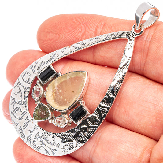 Signature Libyan Desert Glass, Czech Moldavite, Black Tourmaline, Herkimer Diamond Pendant 2 3/8" (925 Sterling Silver) P45034