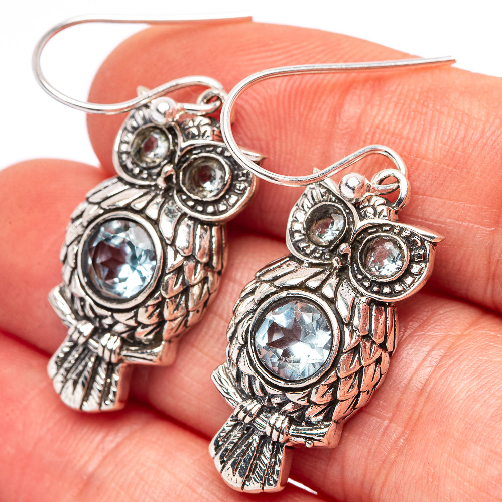 Dainty Blue Topaz Owl Earrings 1 1/2" (.925 Sterling Silver)