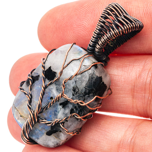 Rainbow Moonstone with Black Tourmaline Tree of Life Pendant 1 3/4" (Oxidized Copper)