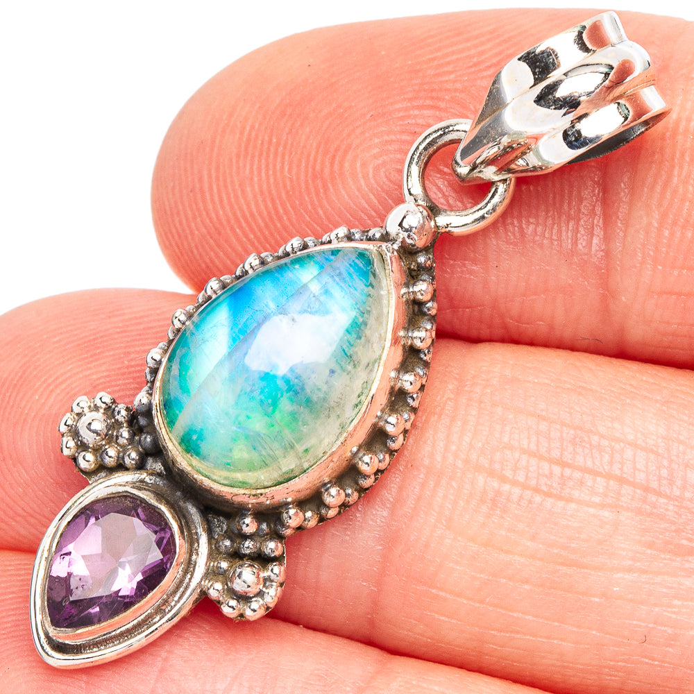 Rainbow Moonstone, Amethyst Pendant 1 1/2" (925 Sterling Silver) P44962