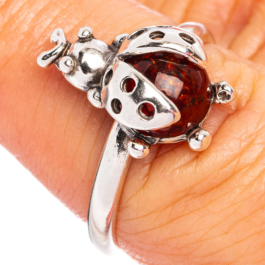 Baltic Amber Ladybug Ring Size 7.5 (.925 Sterling Silver)