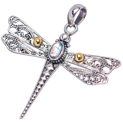 Dainty Rainbow Moonstone Dragonfly Pendant 1 5/8" (.925 Sterling Silver)