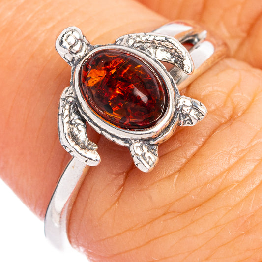 Baltic Amber Sea Turtle Ring Size 6 Adjustable (.925 Sterling Silver)