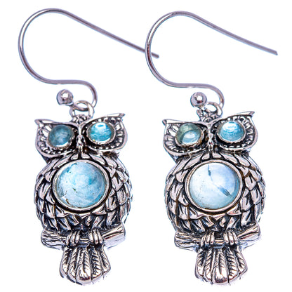 Dainty Aquamarine Owl Earrings 1 1/2" (.925 Sterling Silver)