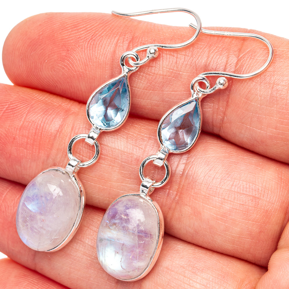 Rainbow Moonstone, Blue Topaz Earrings 1 7/8" (.925 Sterling Silver)