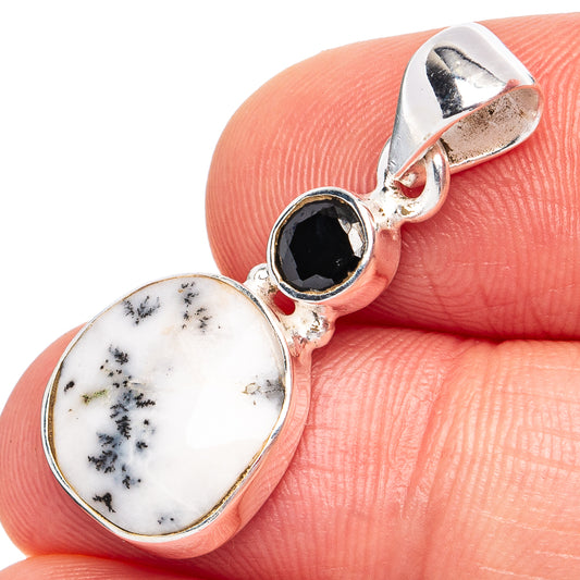 Dainty Dendritic Opal, Black Onyx Pendant 1 1/8" (925 Sterling Silver) P45262