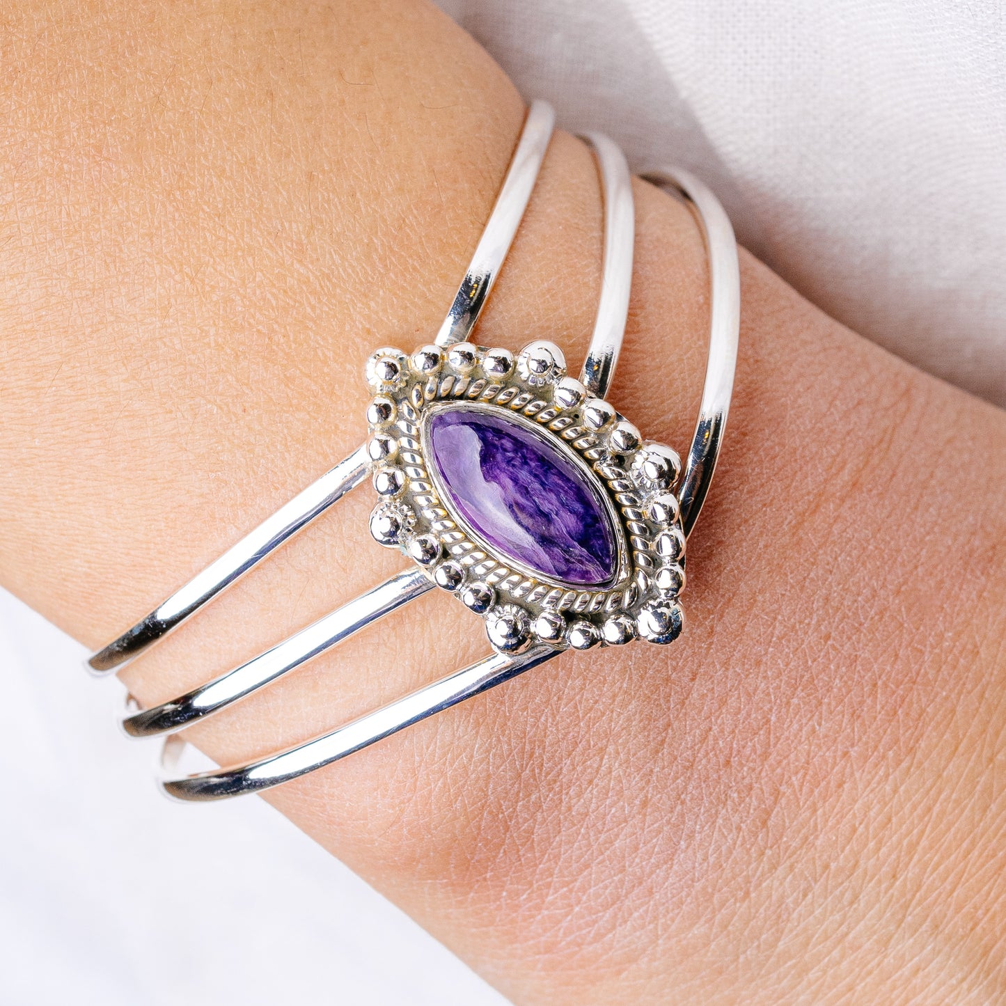 Charoite Cuff Bracelet Adjustable (925 Sterling Silver) B90433