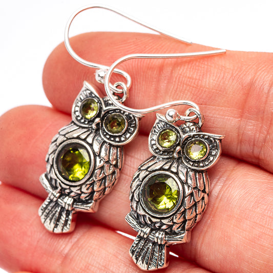 Dainty Peridot Owl Earrings 1 1/2" (.925 Sterling Silver)