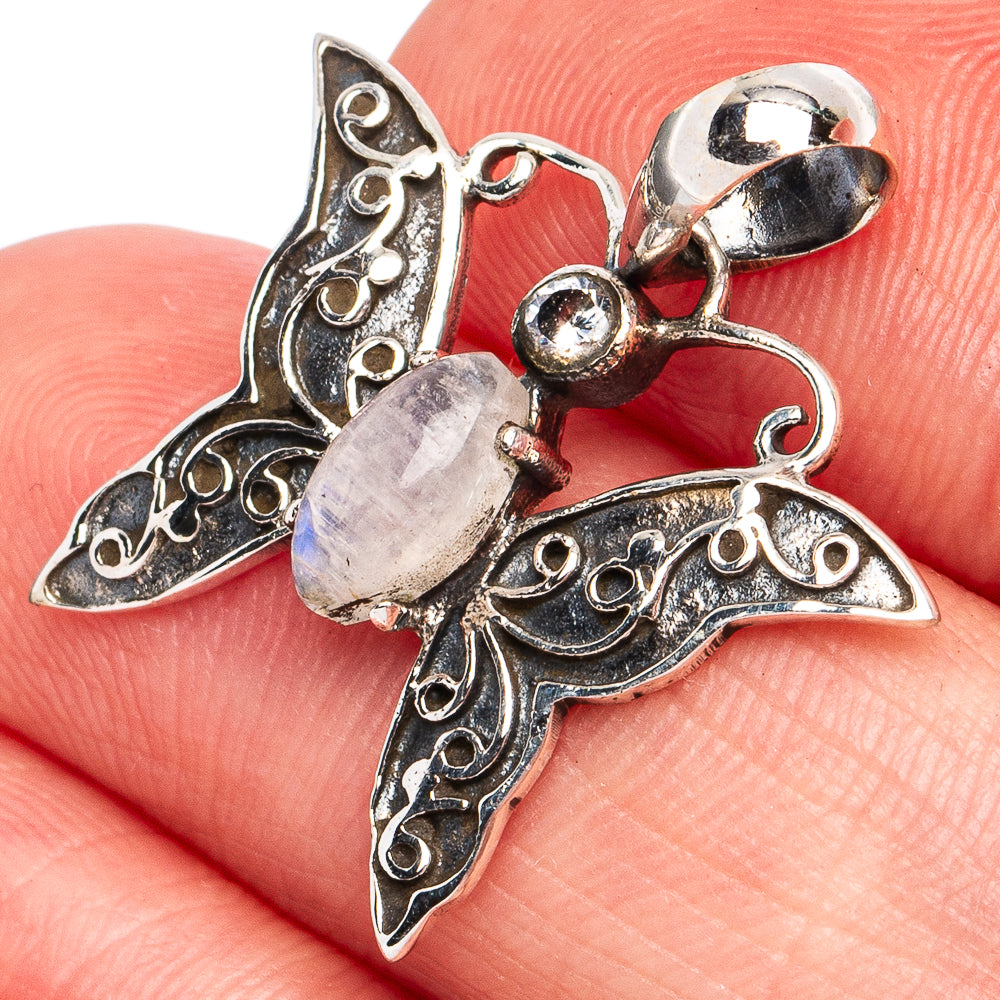 Dainty Rainbow Moonstone, Blue Topaz Butterfly Pendant 1" (925 Sterling Silver) P45218