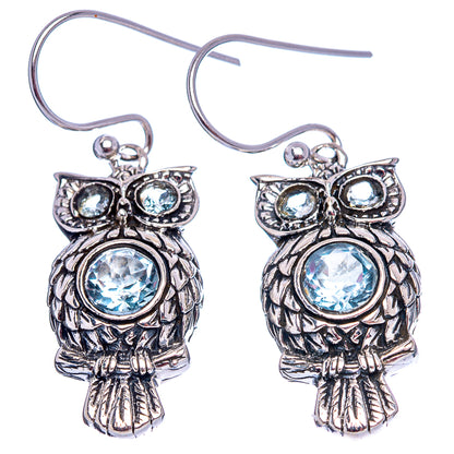 Dainty Blue Topaz Owl Earrings 1 1/2" (.925 Sterling Silver)