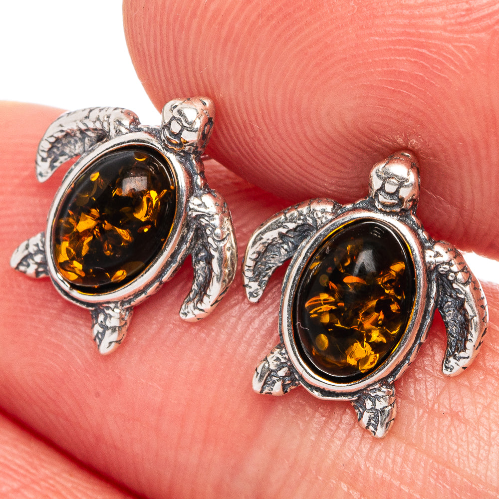 Baltic Amber Sea Turtle Earrings 3/8" (.925 Sterling Silver)