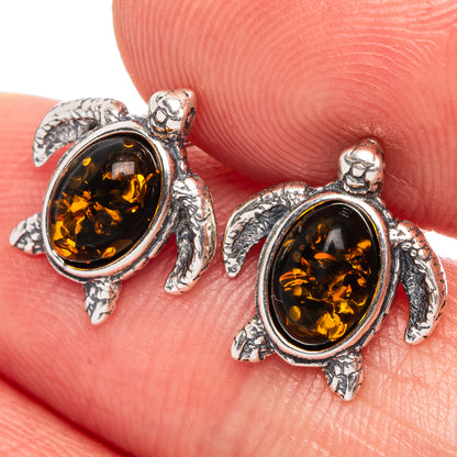 Baltic Amber Sea Turtle Earrings 3/8" (.925 Sterling Silver)