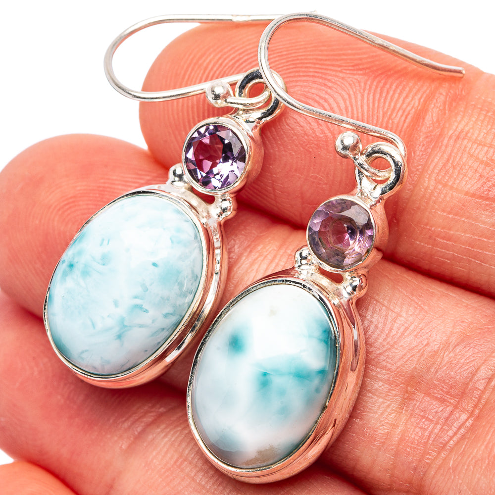 Rare Larimar, Amethyst Earrings 1 1/2" (.925 Sterling Silver)