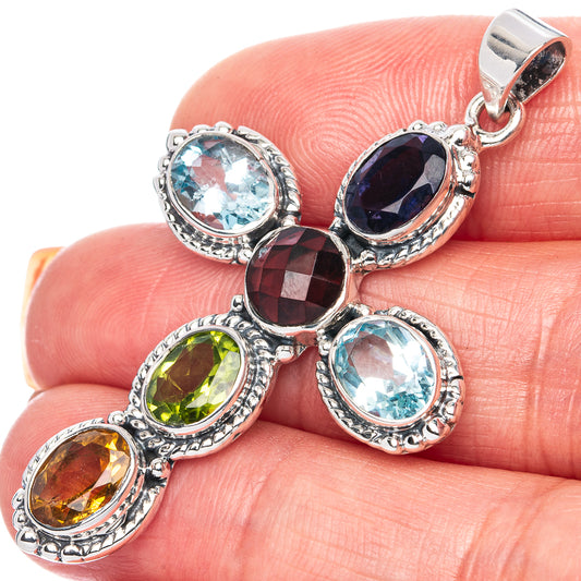 Signature Garnet, Blue Topaz, Peridot, Citrine, Tanzanite Cross Pendant 2" (925 Sterling Silver) P41830