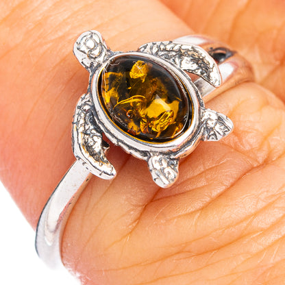 Baltic Amber Sea Turtle Ring Size 6 Adjustable (.925 Sterling Silver)