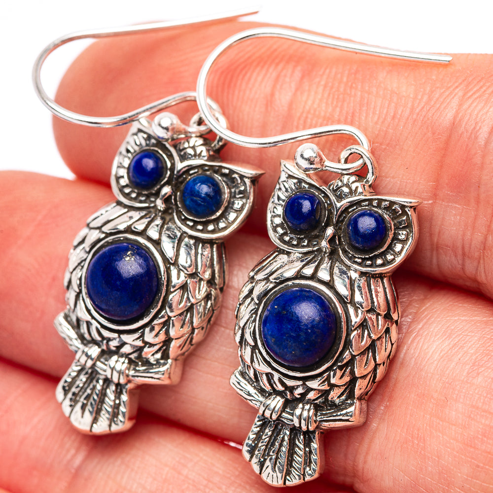 Dainty Lapis Lazuli Owl Earrings 1 1/2" (.925 Sterling Silver)