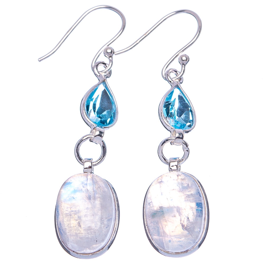 Rainbow Moonstone, Blue Topaz Earrings 1 7/8" (.925 Sterling Silver)