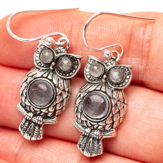 Dainty Aquamarine Owl Earrings 1 1/2" (.925 Sterling Silver)