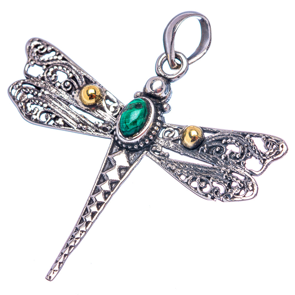 Dainty Malachite Dragonfly Pendant 1 5/8" (.925 Sterling Silver)