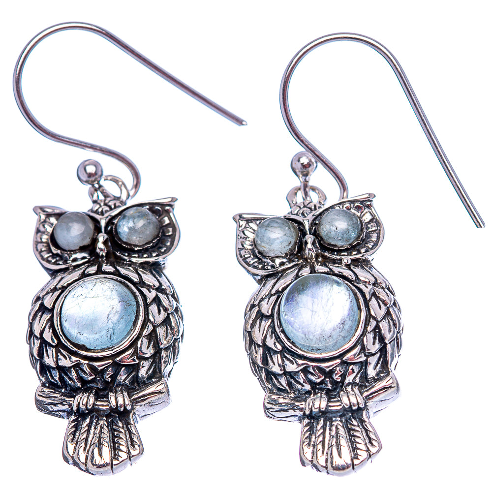 Dainty Aquamarine Owl Earrings 1 1/2" (.925 Sterling Silver)