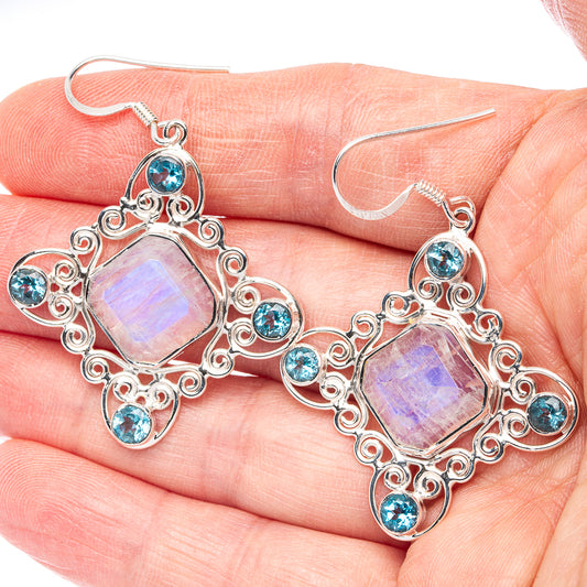 Signature Rainbow Moonstone, Blue Topaz Earrings 2" (925 Sterling Silver) E2725