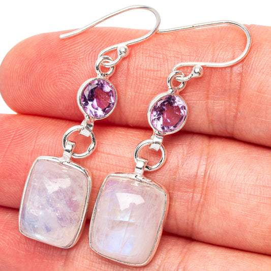 Rainbow Moonstone, Amethyst Earrings 1 3/4" (.925 Sterling Silver)