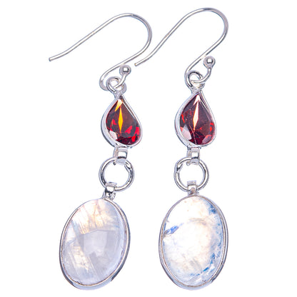 Rainbow Moonstone, Garnet Earrings 1 7/8" (.925 Sterling Silver)