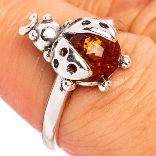 Baltic Amber Ladybug Ring Size 7.5 (.925 Sterling Silver)