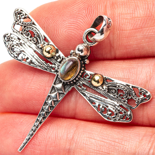 Dainty Labradorite Dragonfly Pendant 1 5/8" (.925 Sterling Silver)