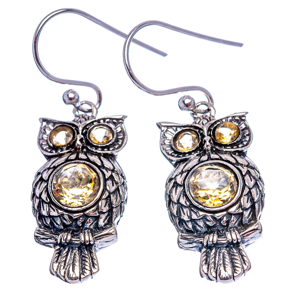 Dainty Citrine Owl Earrings 1 1/2" (.925 Sterling Silver)