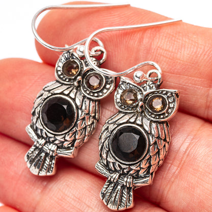 Dainty Smoky Quartz Owl Earrings 1 1/2" (.925 Sterling Silver)