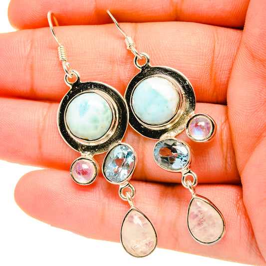 Larimar, Blue Topaz, Rainbow Moonstone Earrings handcrafted by Ana Silver Co - EARR419286