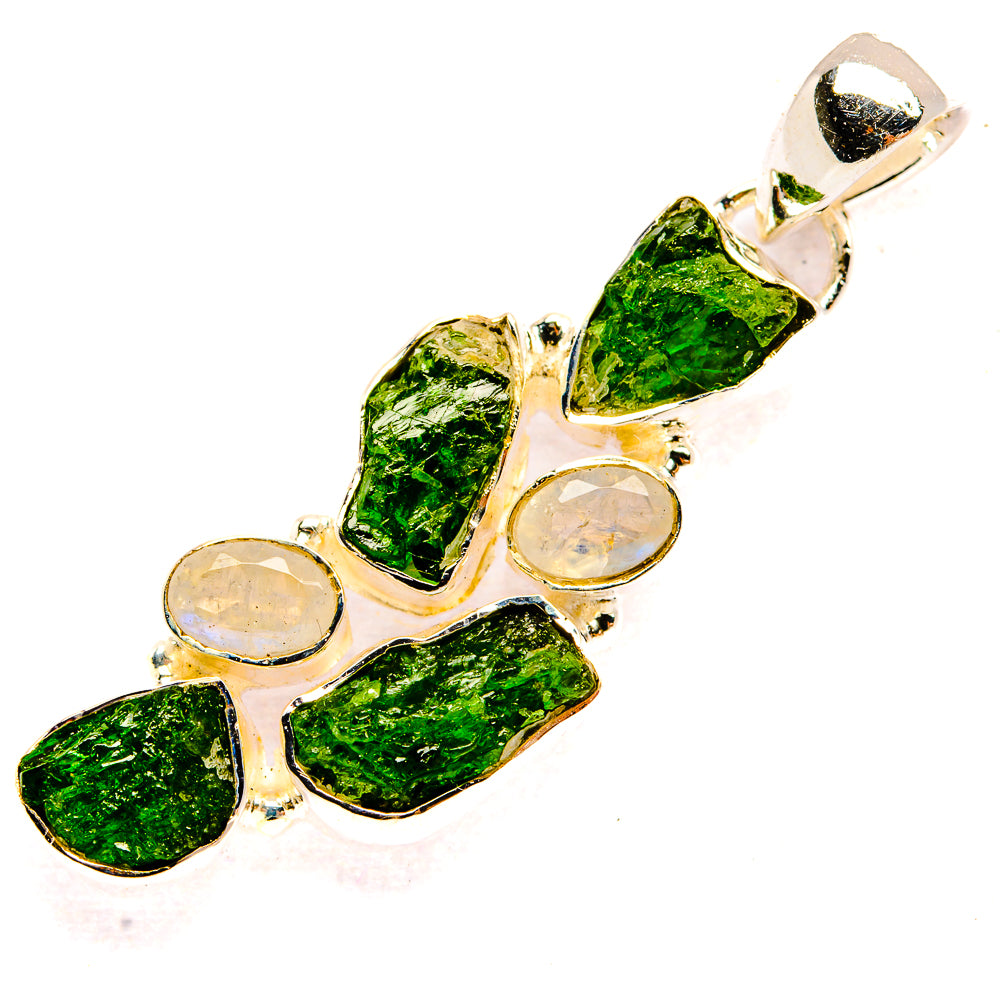 Rough Chrome Diopside, Rainbow Moonstone Pendant 1 3/4